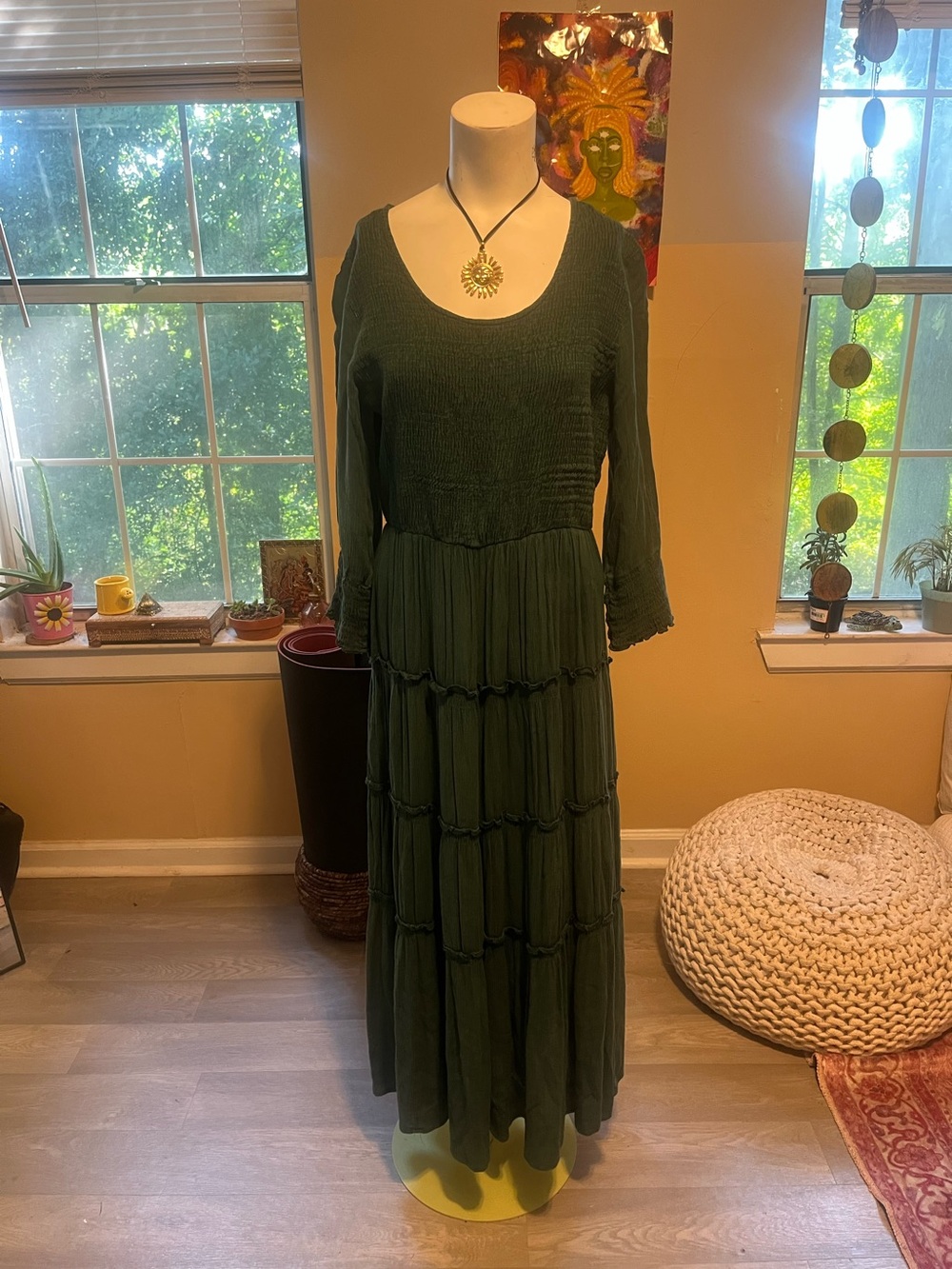 Made In India Women's Dark Green Long Sleeve Tiered Maxi Dress